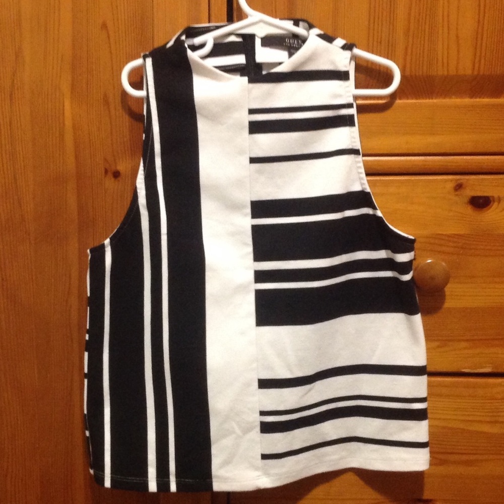 Guess White and Black Striped Crop Top